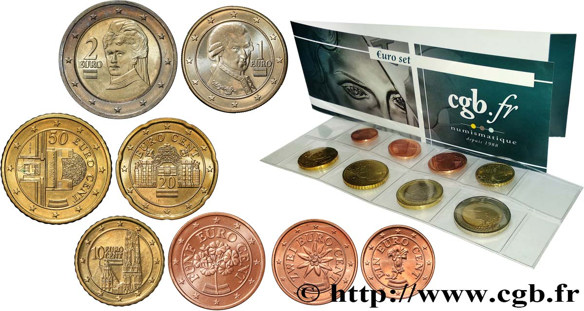 AUSTRIA LOT DE 8 PIÈCES EURO (1 Cent - 2 Euro Von Suttner) 2008 SC
