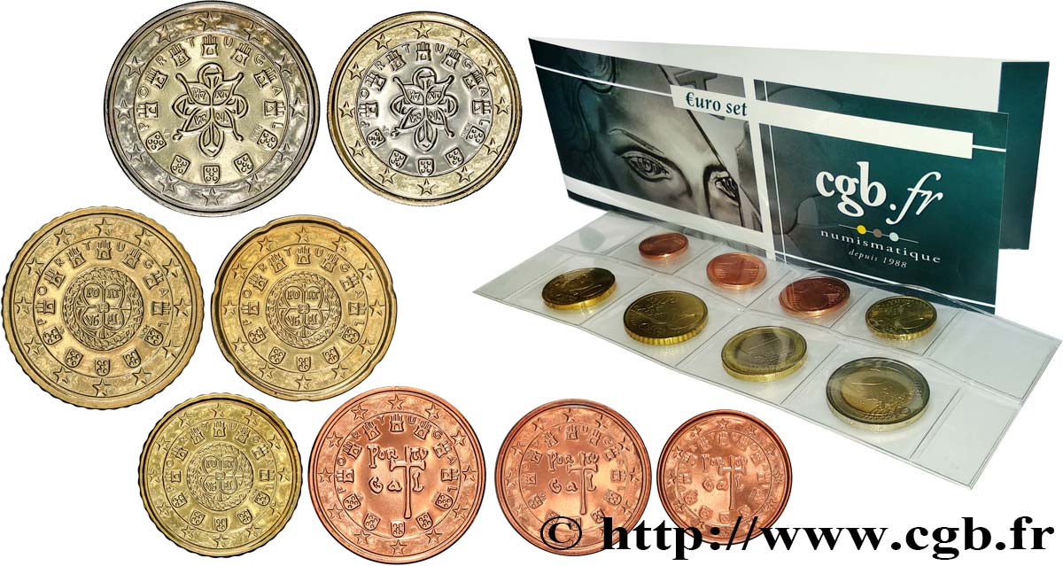 PORTUGAL LOT DE 8 PIÈCES EURO (1 Cent - 2 Euro Sceau entrelacé 1144) 2002-2004 MS