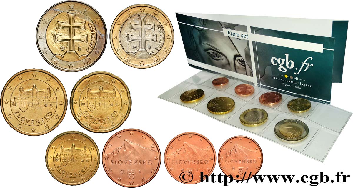 SLOVAKIA LOT DE 8 PIÈCES EURO (1 Cent - 2 Euro Croix double) 2009 MS