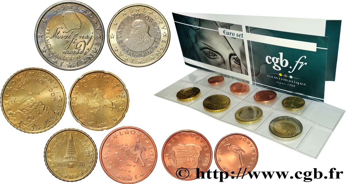 SLOVÉNIE LOT DE 8 PIÈCES EURO (1 Cent - 2 Euro France Prešeren) 2009 SPL