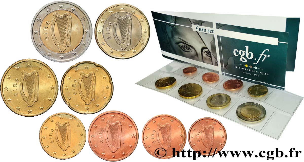 IRLANDA LOT DE 8 PIÈCES EURO (1 Cent - 2 Euro Harpe) 2016 MS