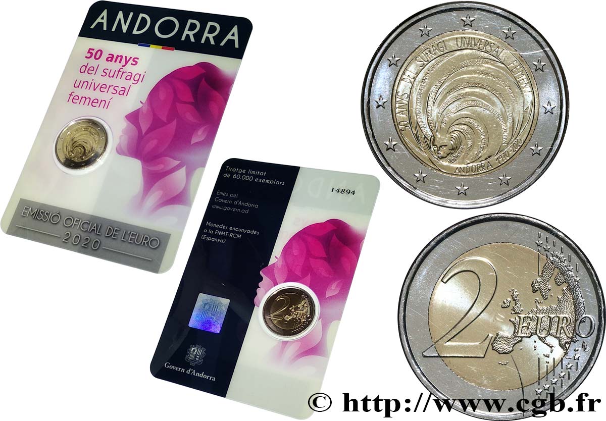 ANDORRA (PRINCIPALITY) Coin-card 2 Euro 50 ANS DU SUFFRAGE UNIVERSEL FÉMININ EN ANDORRE 2020 Brilliant Uncirculated