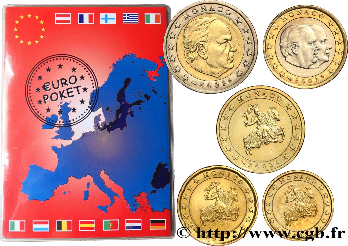 MONACO LOT DE 5 PIÈCES EURO (10 Cent à 2 Euro Prince rainier III) 2002