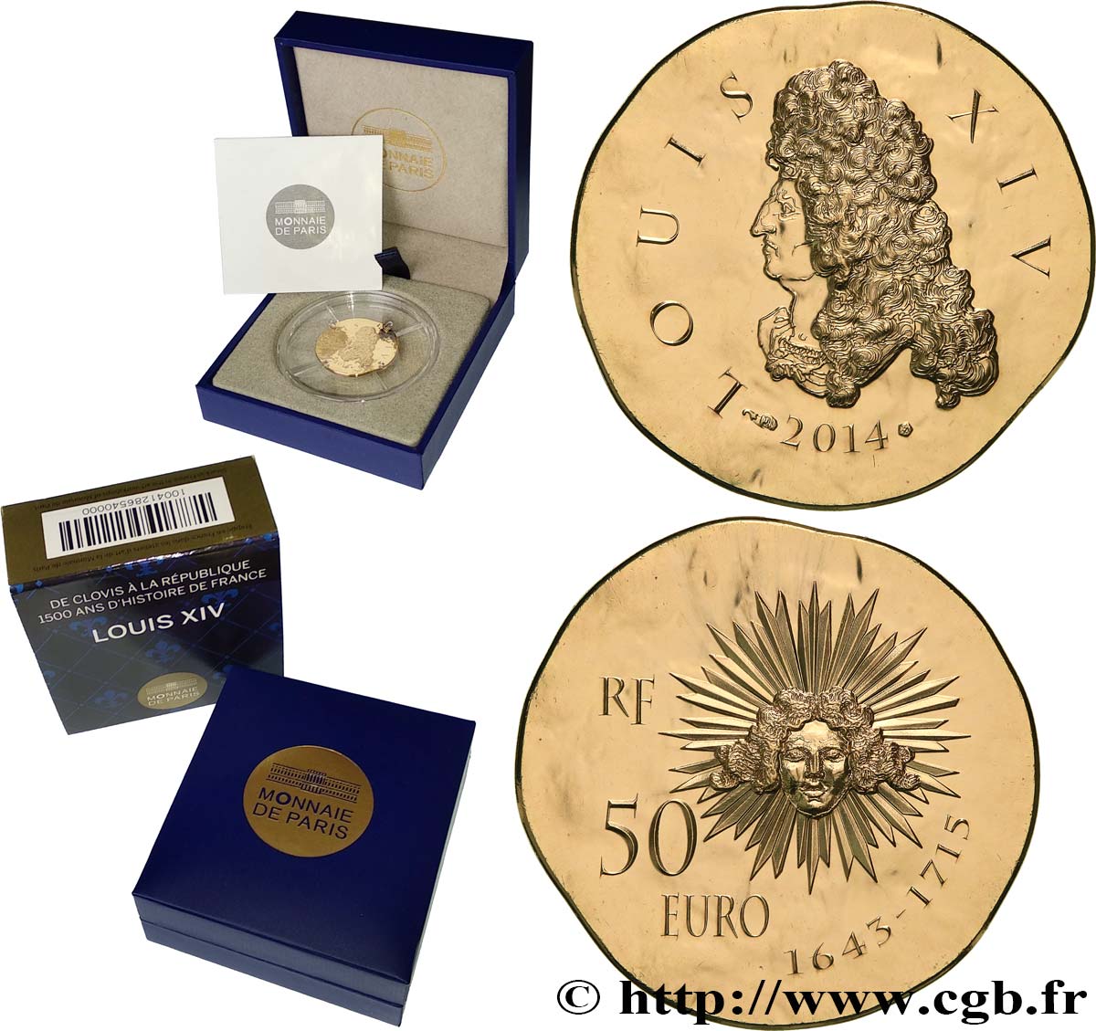 FRANCE Belle Épreuve 50 Euro or Louis XIV (1/4 once) 2014 MS