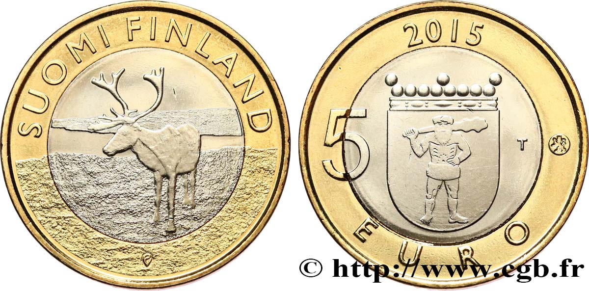 FINLANDE 5 Euro RENNE DE LAPONIE (série faune) 2015 SPL