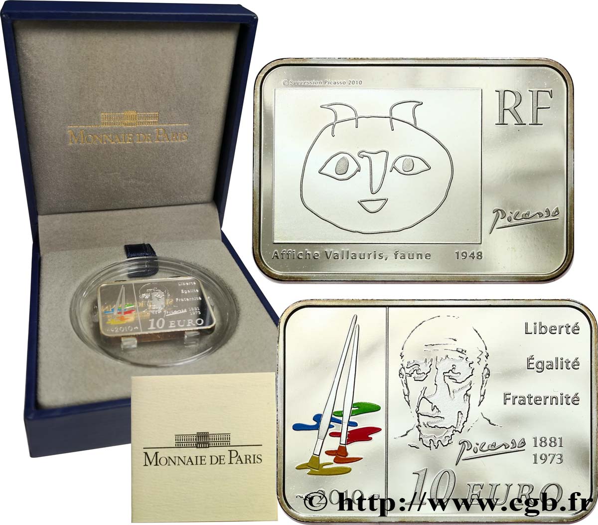 FRANCE Belle Épreuve 10 Euro PABLO PICASSO (rectangle 30 x 21 mm) 2010 Proof set