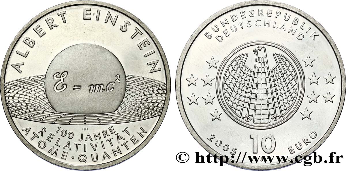 ALLEMAGNE Belle épreuve 10 Euro ALBERT EINSTEIN - CENTENAIRE DE LA RELATIVITÉ 2005 BE