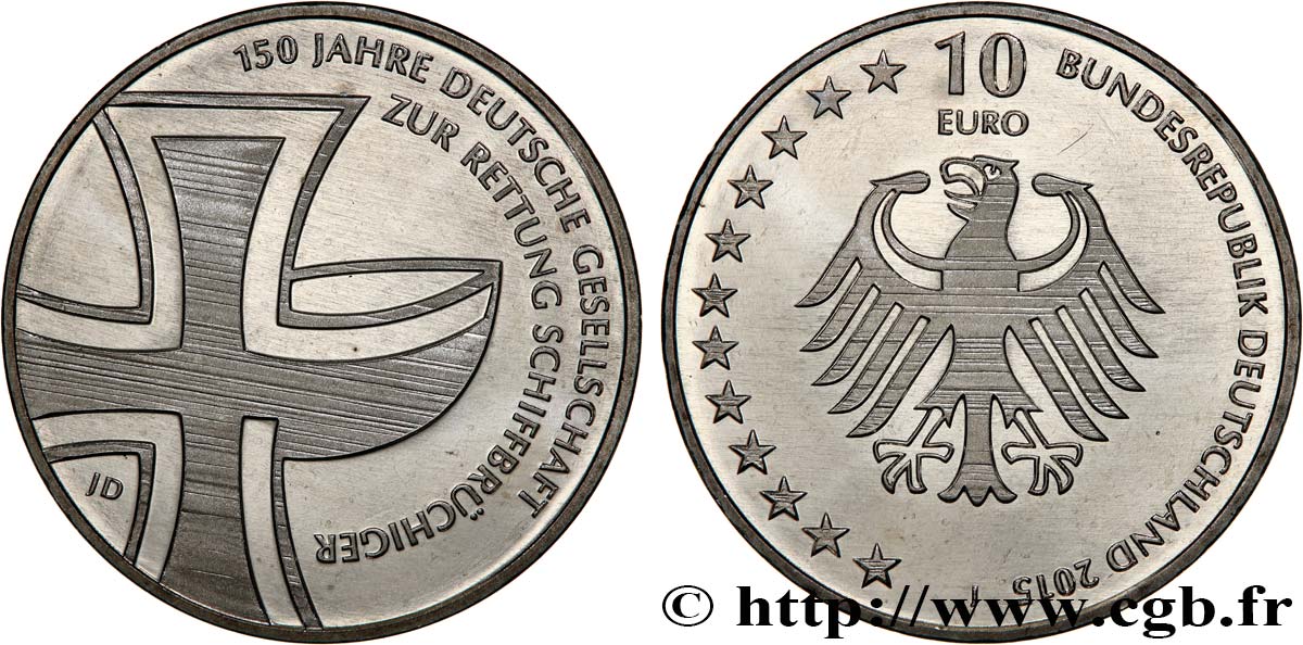 ALEMANIA Belle épreuve 10 Euro 150 ANS DE LA SOCIÉTÉ ALLEMANDE DE RECHERCHE ET SAUVETAGE EN MER 2015 Prueba