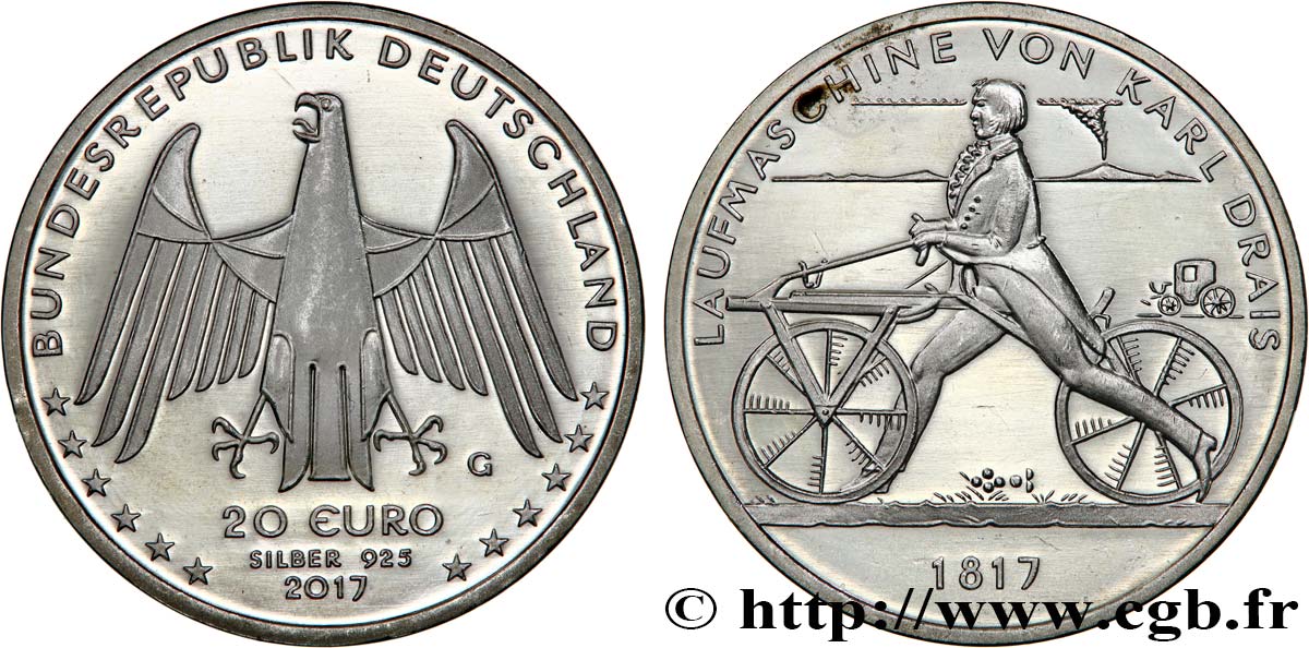 ALEMANIA Belle épreuve 20 Euro VÉLOCIPÈDE DE KARL DRAIS 2017 Prueba