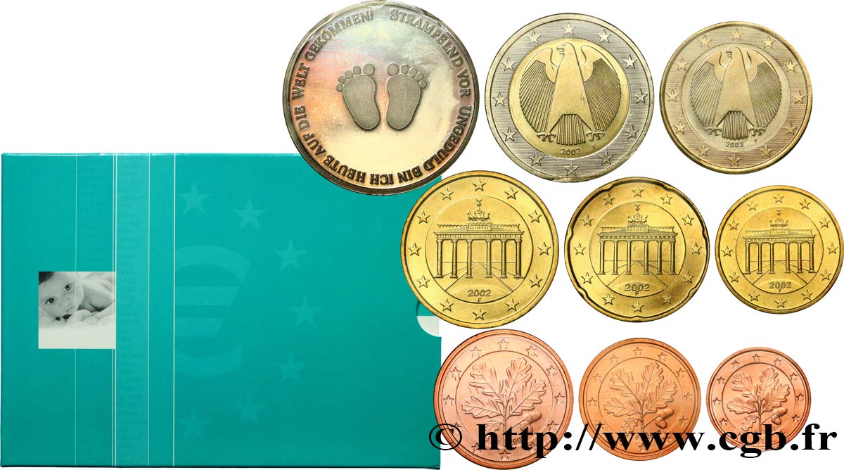 ALLEMAGNE SÉRIE COMPLÈTE DES 8 PIÈCES EURO + MÉDAILLE - Coffret Naissance 2002 BU