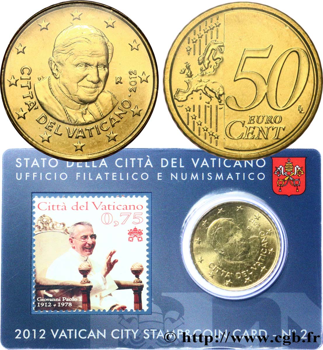 VATICAN Coin-Card (n°2) 50 Cent CENTENAIRE DE LA NAISSANCE DE JEAN-PAUL Ier (+ timbre) 2012 BU