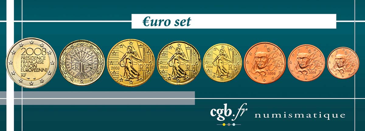 FRANCIA LOT DE 8 PIÈCES EURO (1 Cent - 2 Euro Présidence de l’Union Européenne) 2008 SC