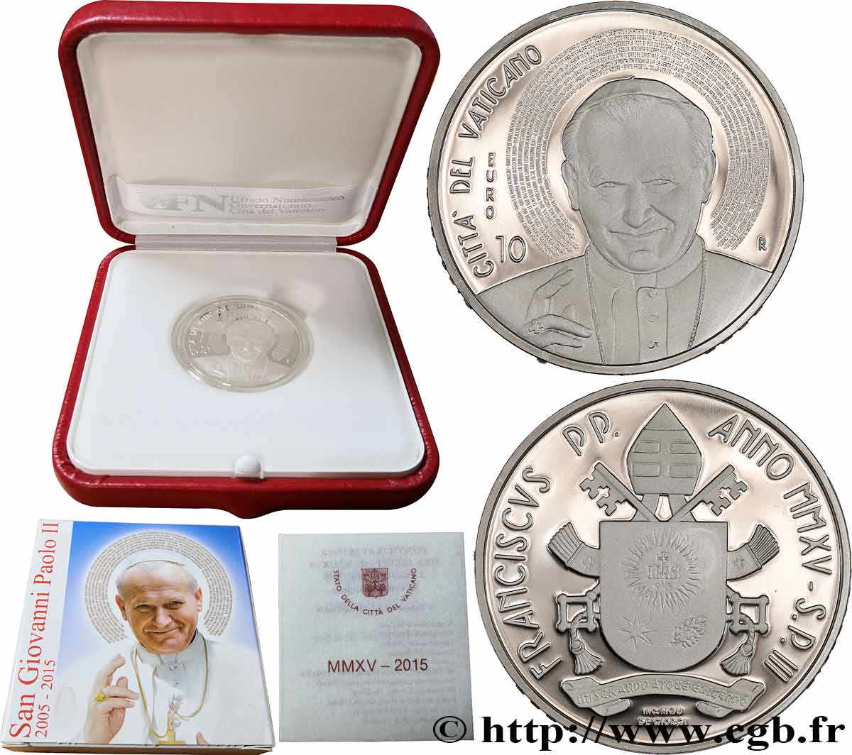 VATICAN Belle Épreuve 10 Euro - 10ème anniversaire de la mort du Pape Jean Paul II 2015 BE