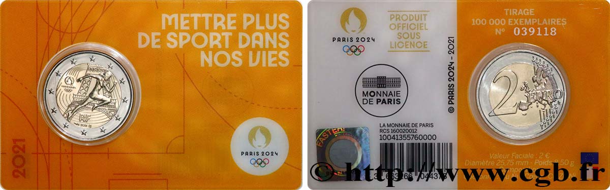 FRANCE Coin-Card 2 Euro JO PARIS 2024 - blister JAUNE 2021 Brilliant Uncirculated