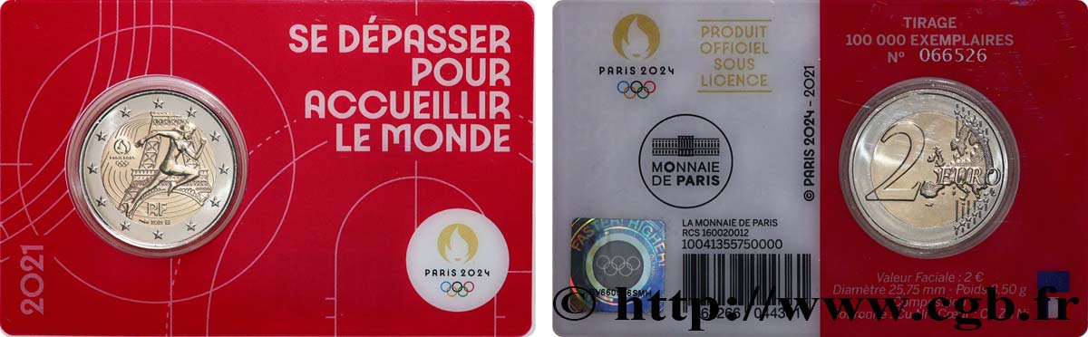 FRANCE Coin-Card 2 Euro JO PARIS 2024 - blister ROUGE 2021 Brilliant Uncirculated