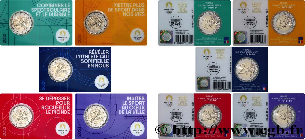FRANCE Lot 5 x Coin-Card 2 Euro JO PARIS 2024  2021 Brilliant Uncirculated