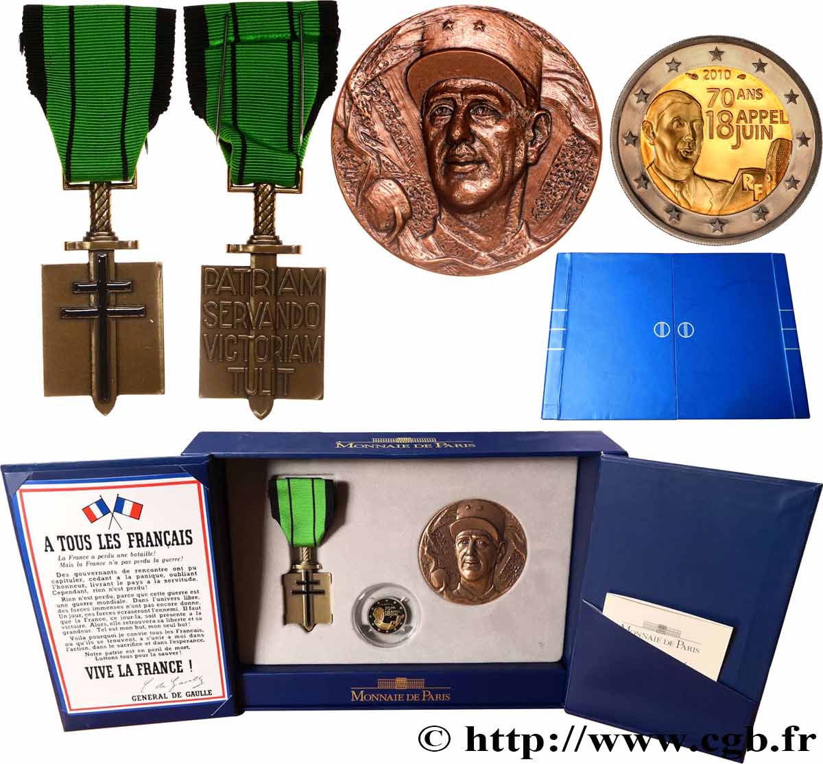 FRANKREICH COFFRET Euro 70e ANNIVERSAIRE DE L’APPEL DU 18 JUIN 1940 - 2 euro BE, médaille bronze et médaille décorative Croix de Libération 2010