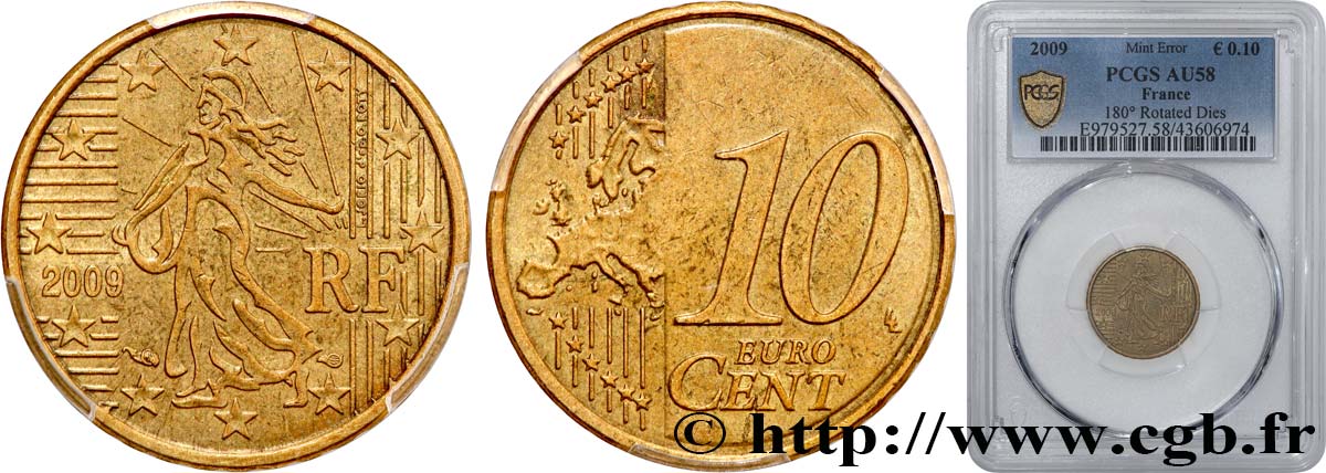 FRANCIA 10 centimes, désaxée à 6 heure 2009 SPL58