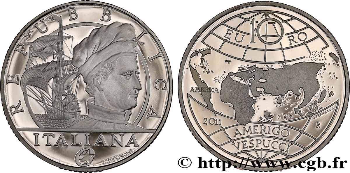 ITALIA Belle Épreuve 10 Euro AMERIGO VESPUCCI 2011 BE