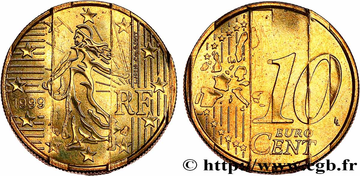 FRANCE 10 Cent Nouvelle Semeuse, premier type (stries fines), difformée 1999 SPL