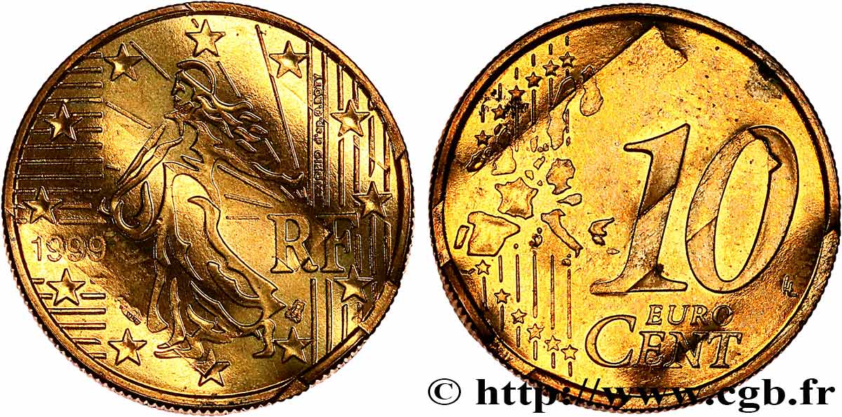 FRANCE 10 Cent Nouvelle Semeuse, premier type (stries fines), difformée 1999 MS
