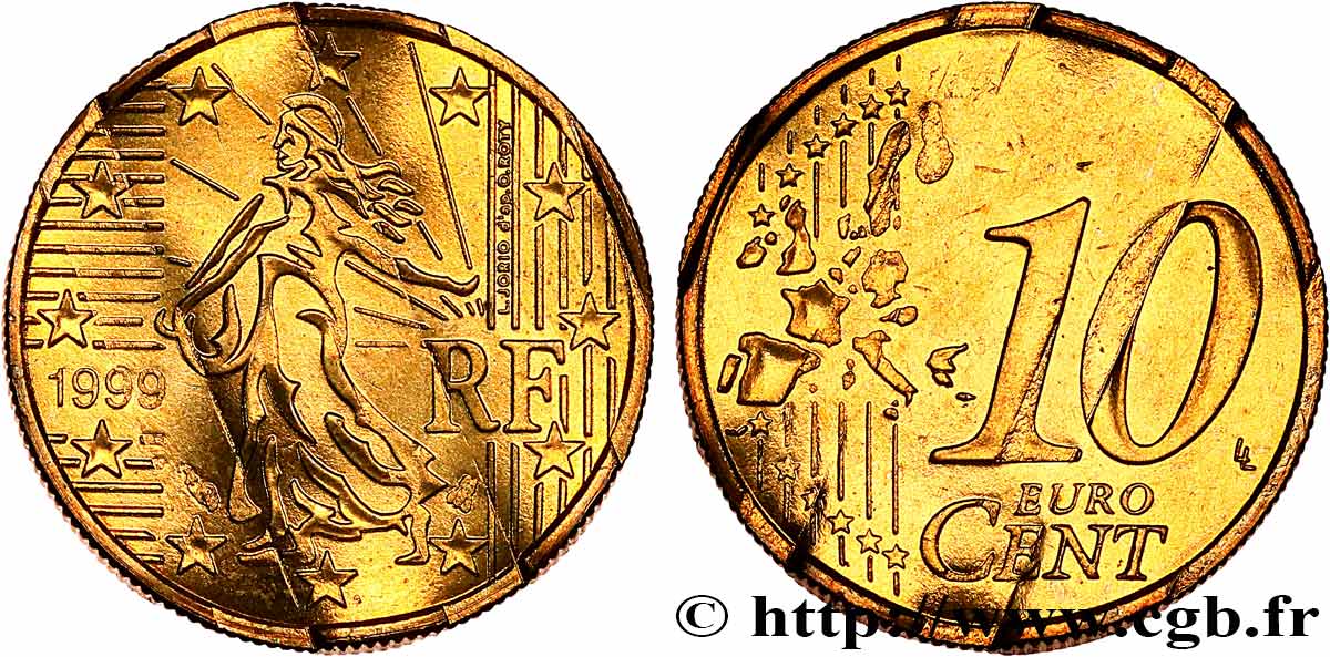 FRANCE 10 Cent Nouvelle Semeuse, premier type (stries fines), difformée 1999 SPL