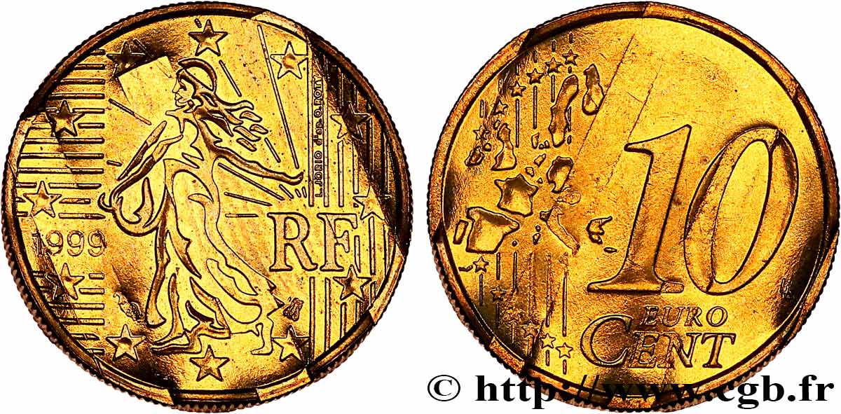 FRANKREICH 10 Cent Nouvelle Semeuse, premier type (stries fines), difformée 1999