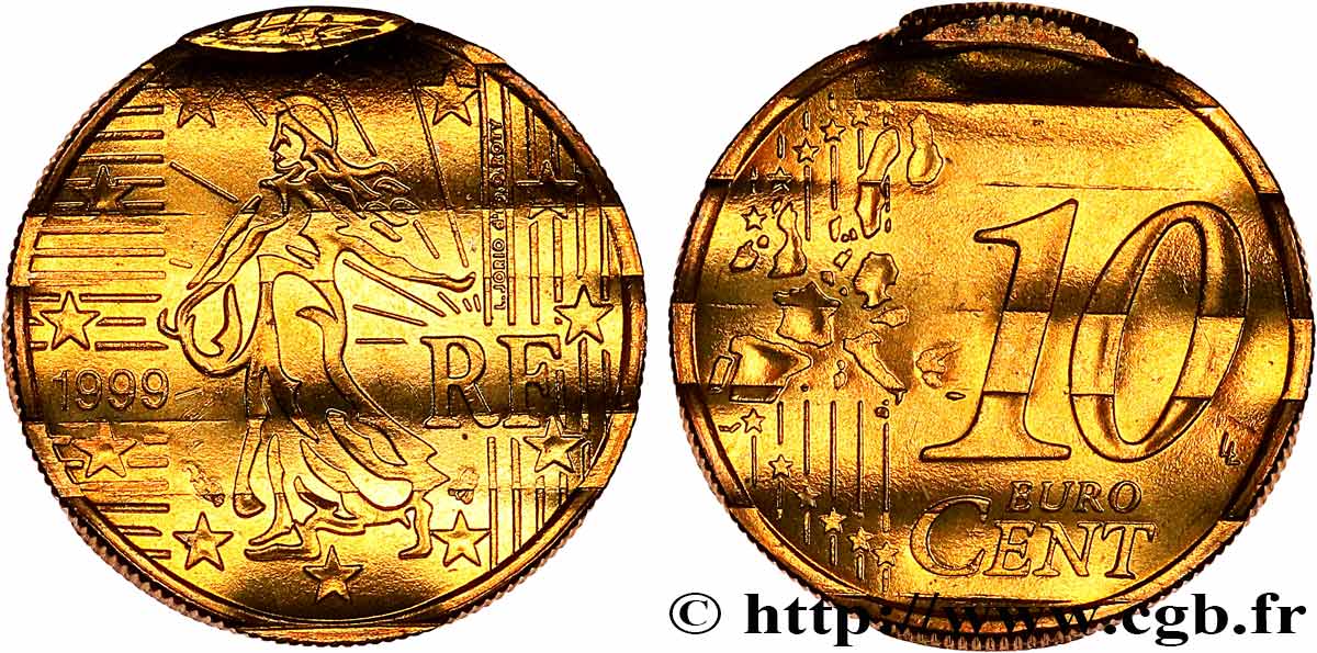 FRANCE 10 Cent Nouvelle Semeuse, premier type (stries fines), difformée 1999 MS