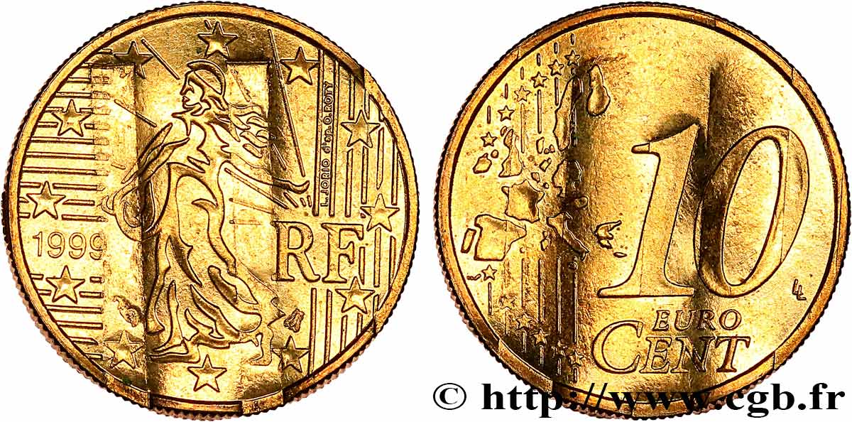 FRANCIA 10 Cent Nouvelle Semeuse, premier type (stries fines), difformée 1999 MS