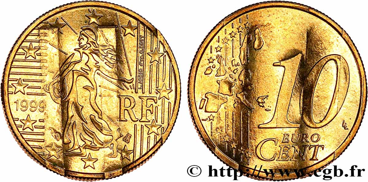 FRANKREICH 10 Cent Nouvelle Semeuse, premier type (stries fines), difformée 1999