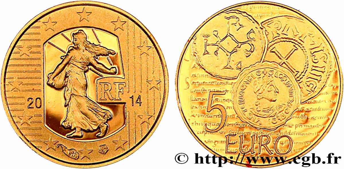 FRANCIA Belle Épreuve 5 Euro LA SEMEUSE - DENIER DE CHARLES LE CHAUVE 2014 Prueba