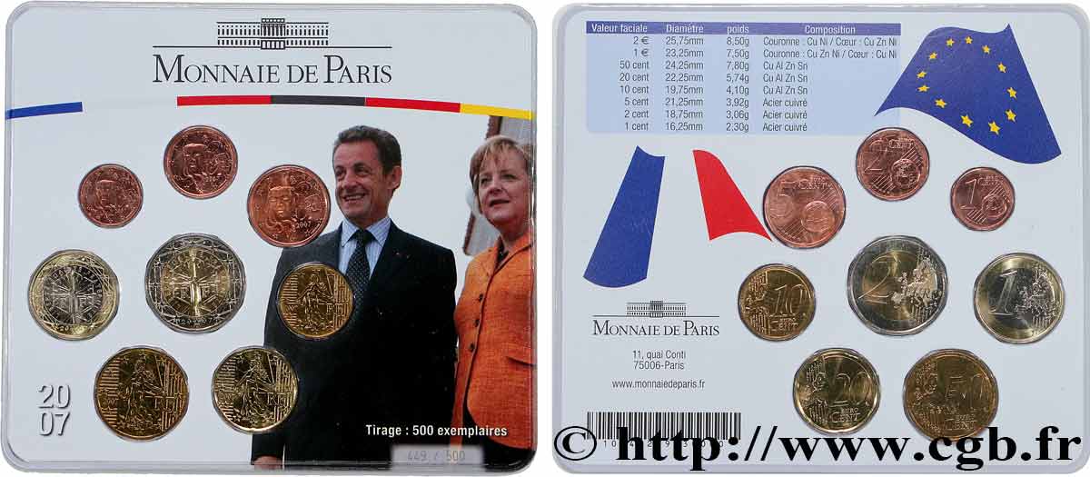 FRANCE SÉRIE Euro BRILLANT UNIVERSEL - COUPLE FRANCO-ALLEMAND SARKOZY-MERKEL 2007 BU