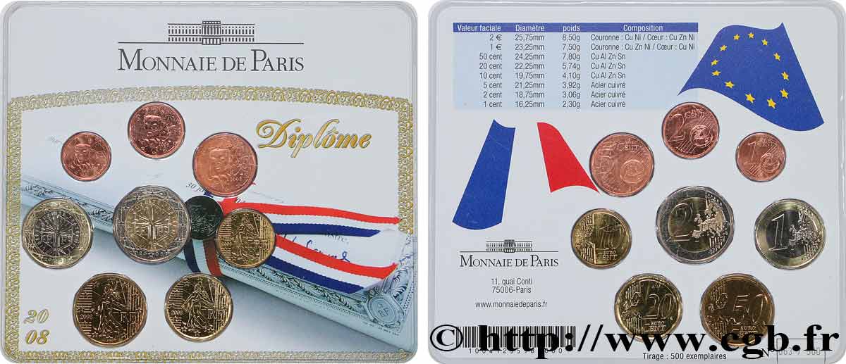 FRANCE SÉRIE Euro BRILLANT UNIVERSEL - DIPLÔME 2008 BU