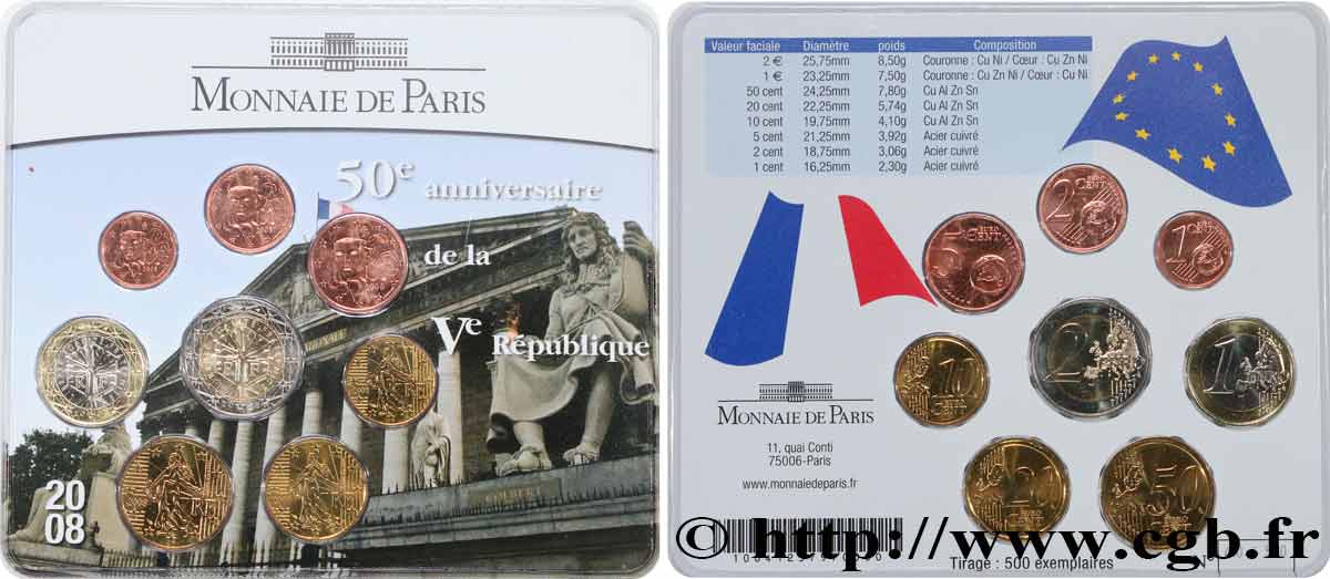 FRANCE SÉRIE Euro BRILLANT UNIVERSEL - 50EME ANNIVERSAIRE DE LA CINQUIEME REPUBLIQUE 2008 BU