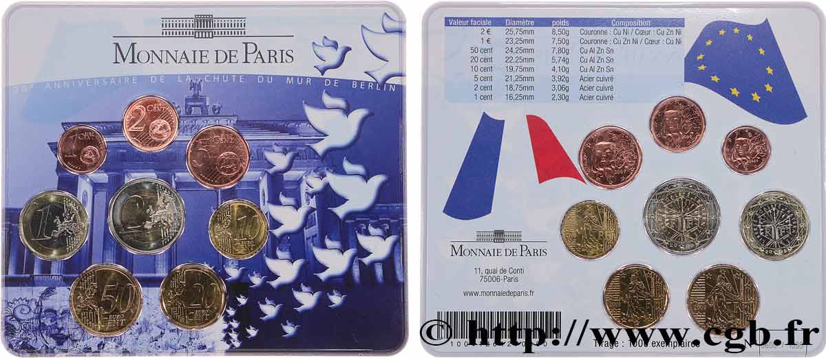 FRANCE SÉRIE Euro BRILLANT UNIVERSEL - 20E ANNIVERSAIRE DE LA CHUTE DU MUR DE BERLIN 2009 Brilliant Uncirculated