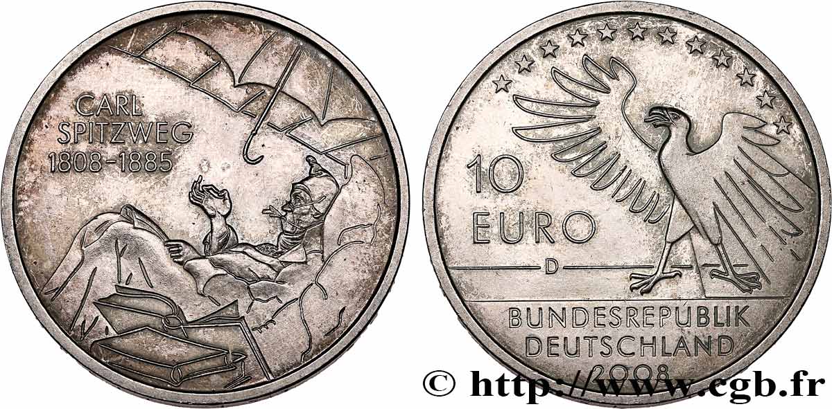 ALLEMAGNE Belle épreuve 10 Euro BICENTENAIRE DE LA NAISSANCE DE CARL SPITZWEG 2008 SUP