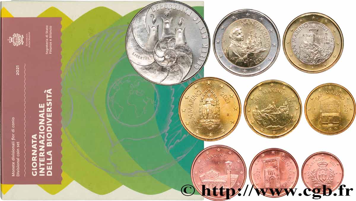 SAN MARINO SÉRIE Euro BRILLANT UNIVERSEL - 9 pièces avec 5 euros argent 2021 Brilliant Uncirculated