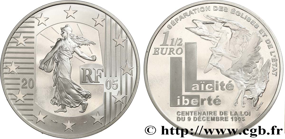FRANCE Belle Épreuve 1 Euro 1/2 LA SEMEUSE - CENTENAIRE DE LA LOI DU 9 DÉCEMBRE 1905 2005 BE