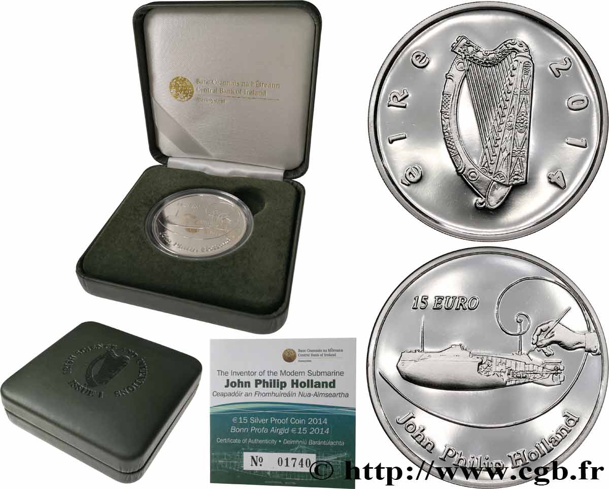 IRLANDE Belle Épreuve 15 Euro JOHN PHILIP HOLLAND - SCIENCE ET INVENTIONS 2014 BE