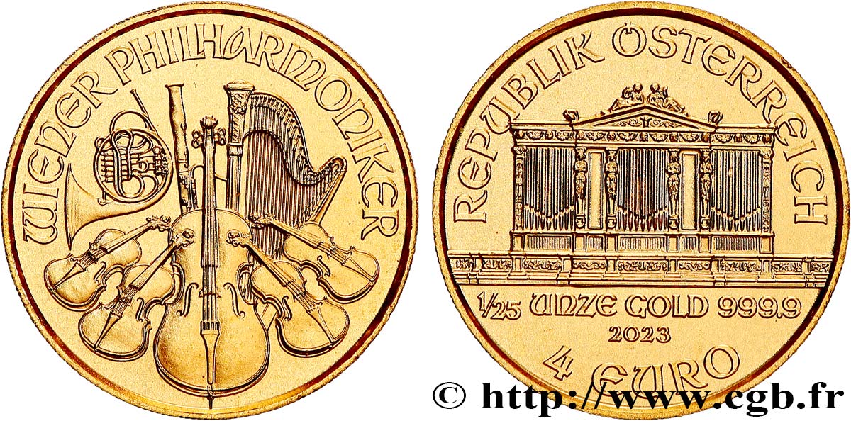 INVESTMENT GOLD 1/25 oz. - 4 Euro LE PHILARMONIQUE DE VIENNE 2023 MS