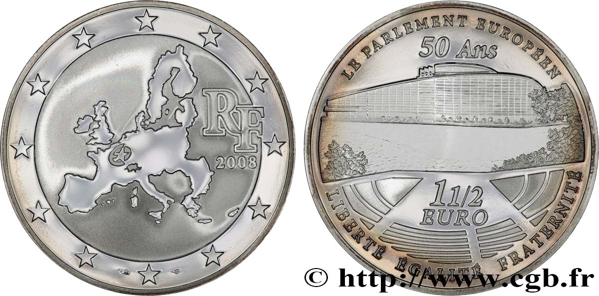 FRANCE Belle Épreuve 1 Euro 1/2 EUROPEAN MINTMARK - 50 ANS DU PARLEMENT EUROPÉEN 2008 BE
