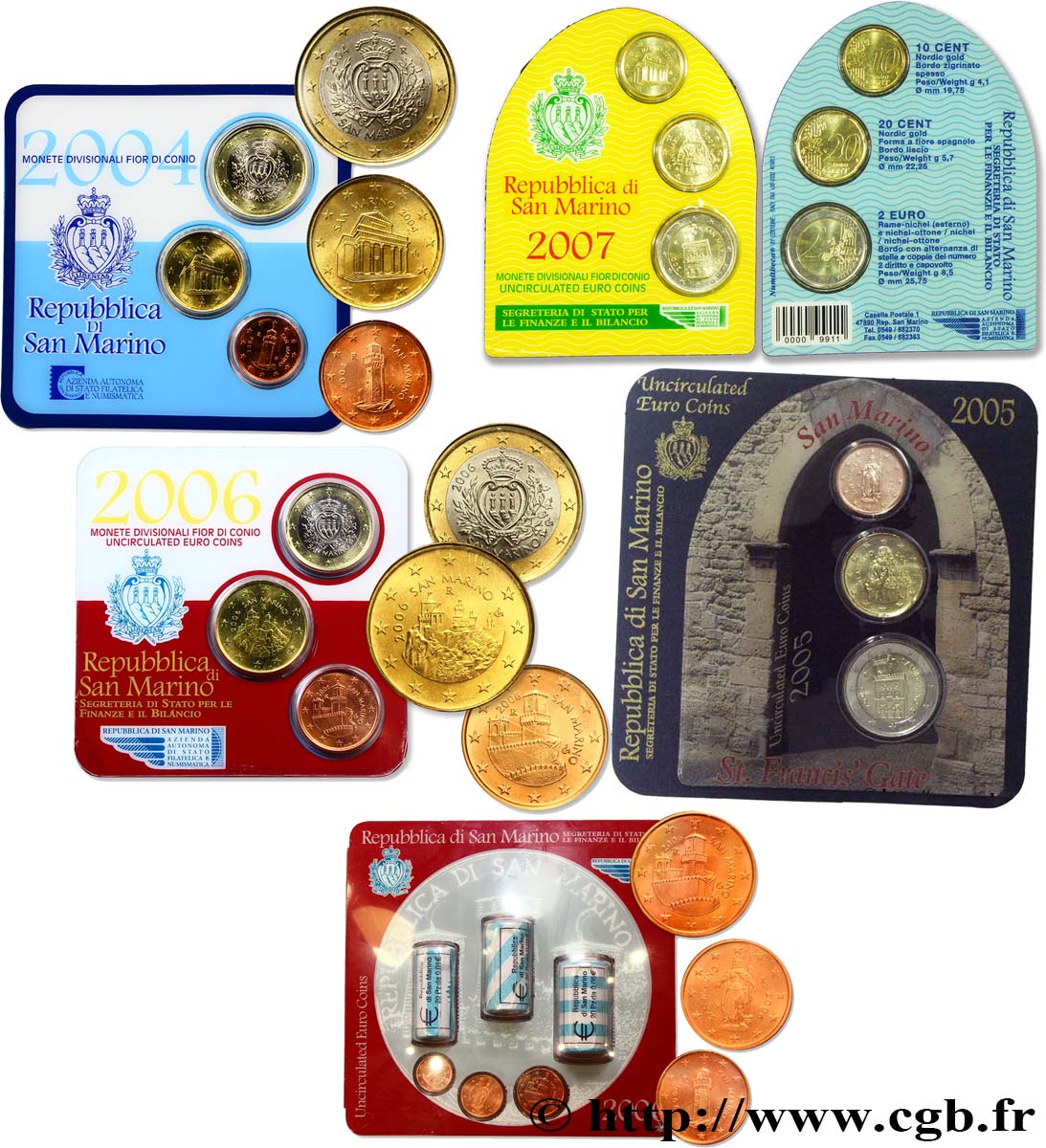 RÉPUBLIQUE DE SAINT- MARIN Lot 5 x MINI-SÉRIE Euro BRILLANT UNIVERSEL  2004-2007 BU