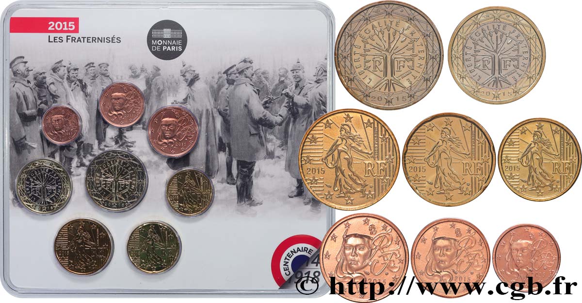 FRANCE SÉRIE Euro BRILLANT UNIVERSEL - LES FRATERNISÉS 2015 Brilliant Uncirculated