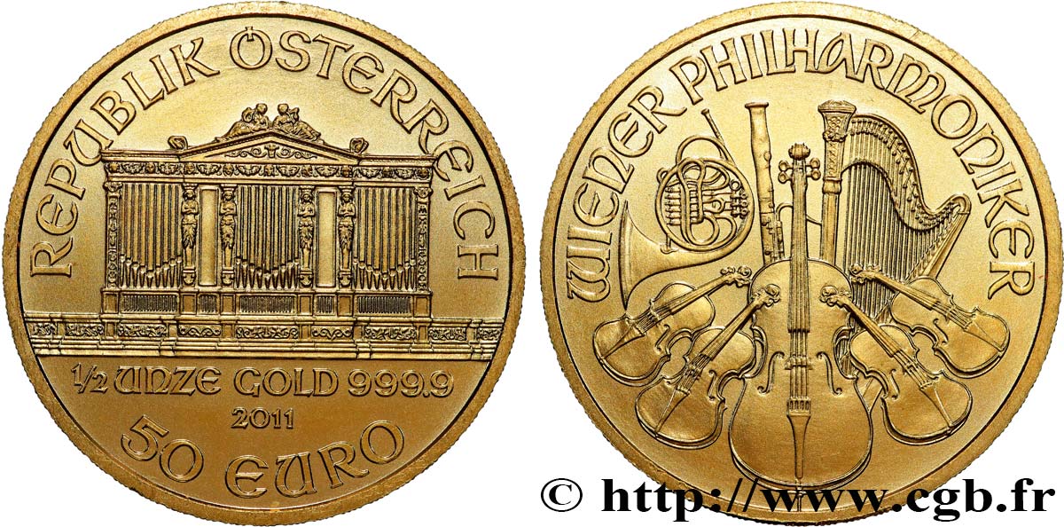 INVESTMENT GOLD 1/2 Oz - 50 Euro LE PHILARMONIQUE DE VIENNE 2011 MS
