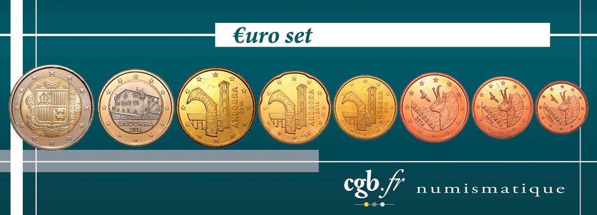 ANDORRE (PRINCIPAUTÉ) LOT DE 8 PIÈCES EURO (1, 2 5, 10, 20, 50 Cent - 1 et 2 Euro) 2014 SPL