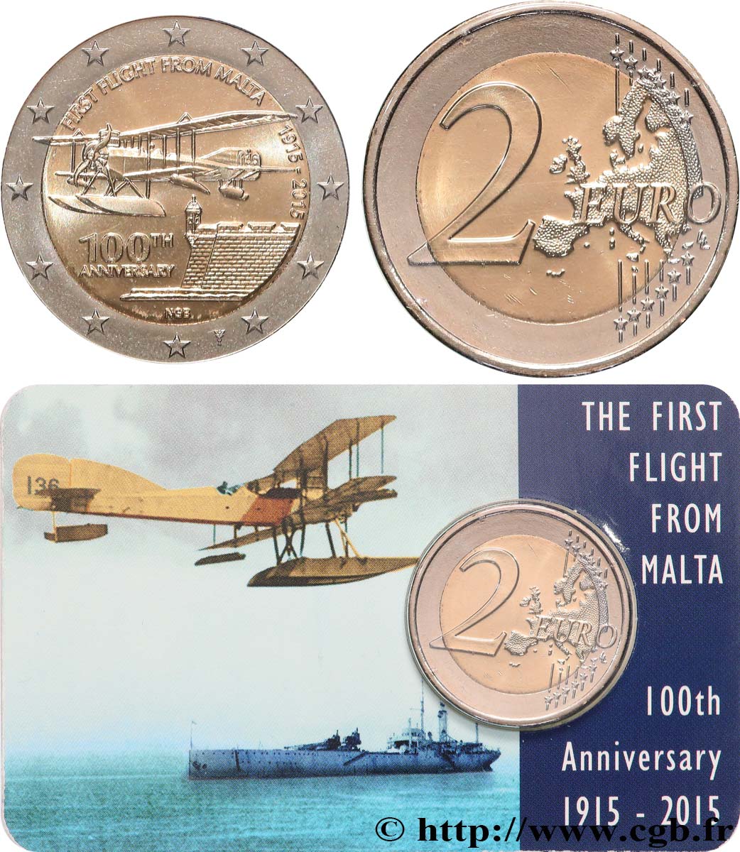 MALTE Coin-Card 2 Euro 100e ANNIVERSAIRE DU 1er VOL À PARTIR DE MALTE 2015 BU