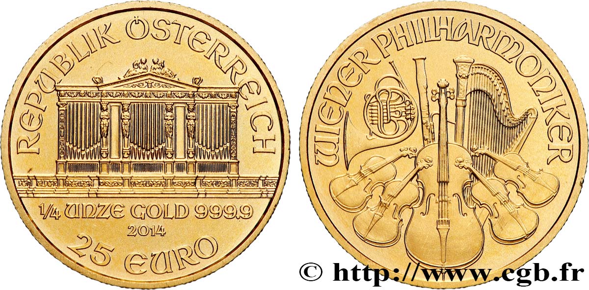 GOLD-, PALLADIUM- UND PLATIN-INVESTITIONEN 1/4 Oz - 25 Euro LE PHILARMONIQUE DE VIENNE 2014