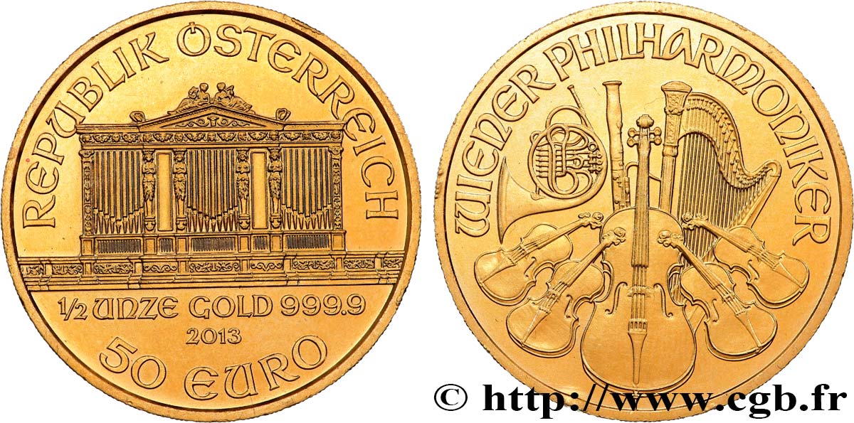 ORO, PALLADIO E PLATINO: INVESTIMENTI 1/2 Oz - 50 Euro LE PHILARMONIQUE DE VIENNE 2013 FDC
