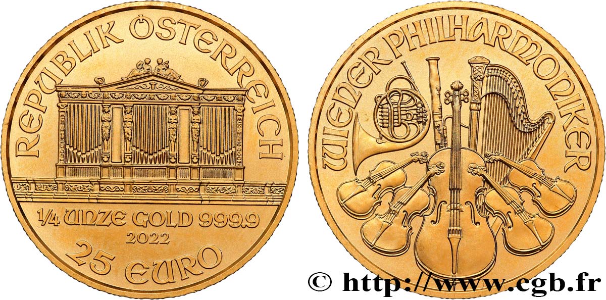 GOLD, PALLADIUM & PLATINUM INVESTMENT 1/4 Oz - 25 Euro LE PHILARMONIQUE DE VIENNE 2022 MS
