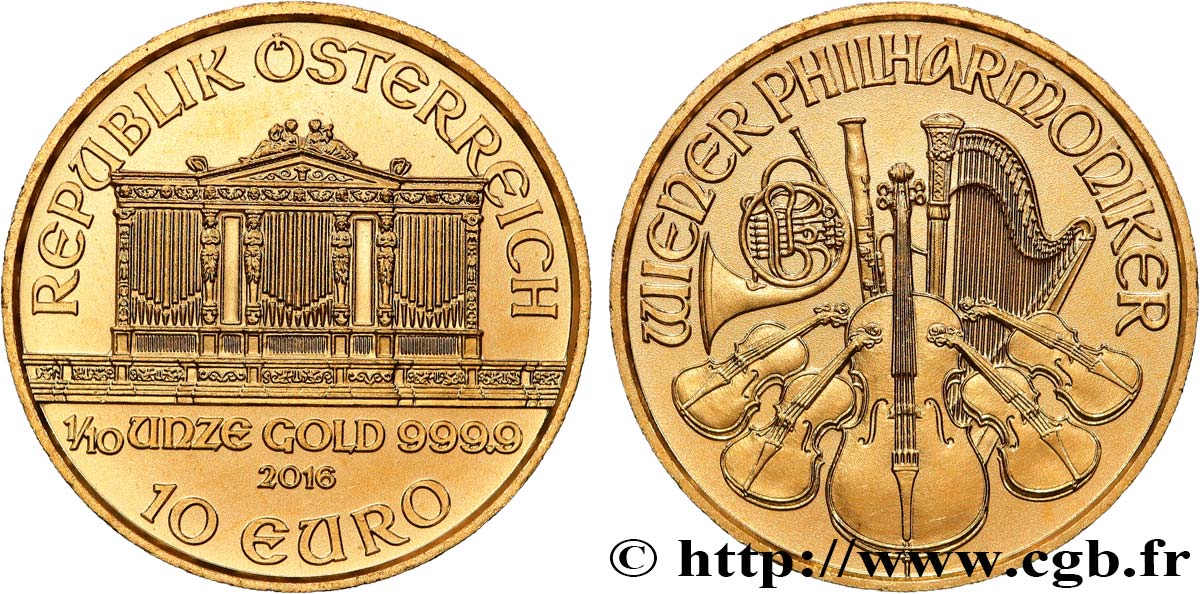 INVESTMENT GOLD 1/10 Oz - 10 Euro LE PHILARMONIQUE DE VIENNE 2016 SC